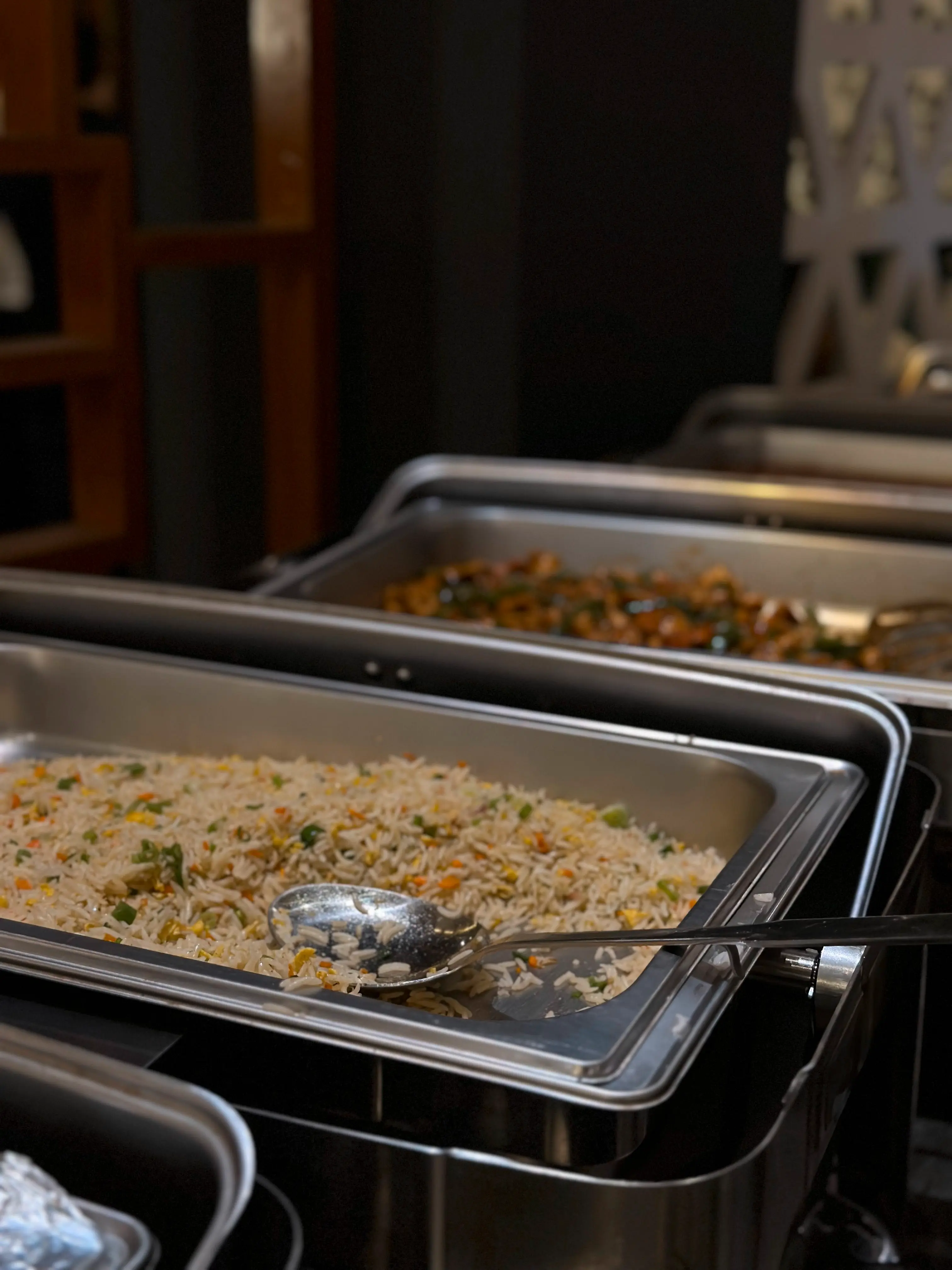Chafing dishes arranged for an event setup