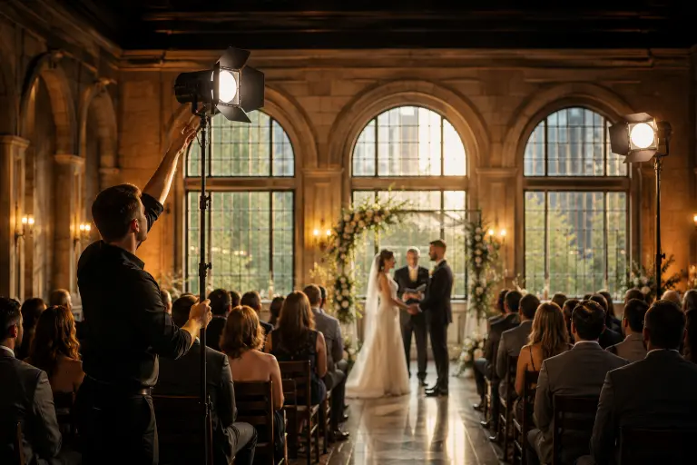 Wedding videographer arranging cinematic lighting inside a historic Portland reception hall]