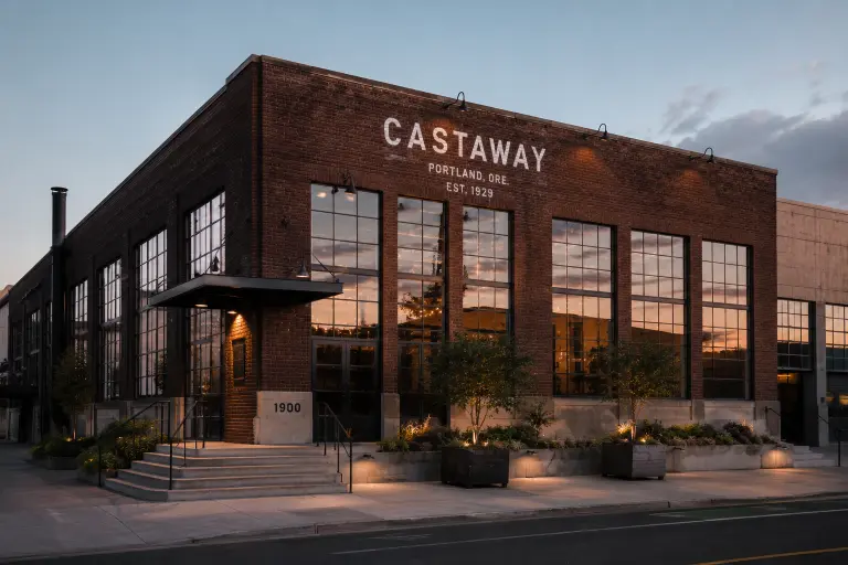 Exterior view of Castaway Portland wedding venue, an industrial warehouse space in Portland featuring brick architecture and modern urban design