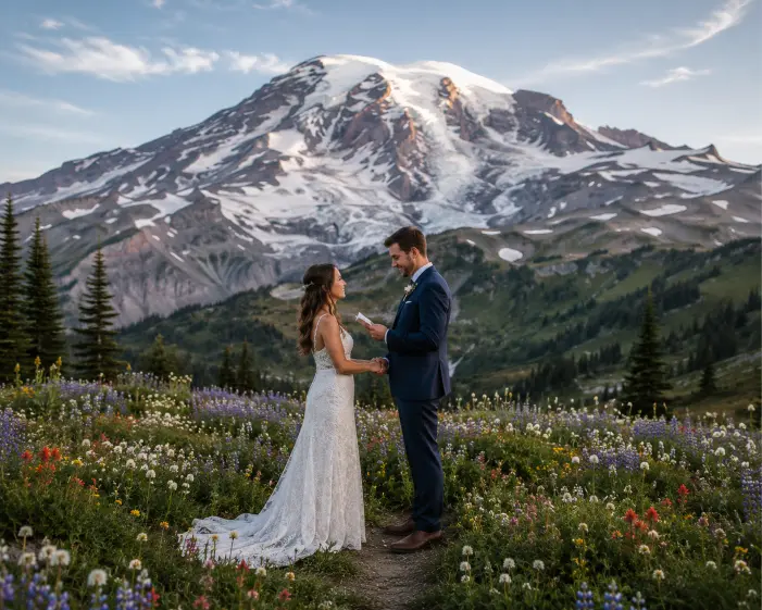 Couple eloping at Mount Rainier National Park surrounded by summer wildflowers and snow capped peaks