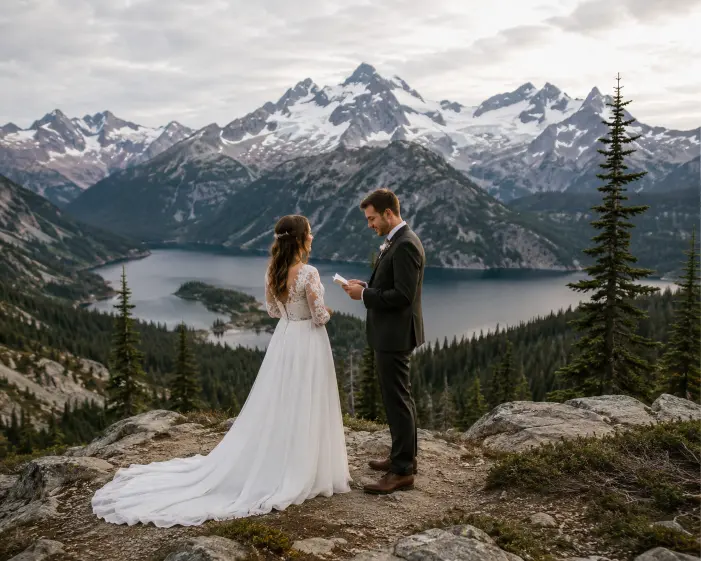 Couple eloping at scenic Pacific Northwest mountain overlook with snow capped peaks and alpine lake views