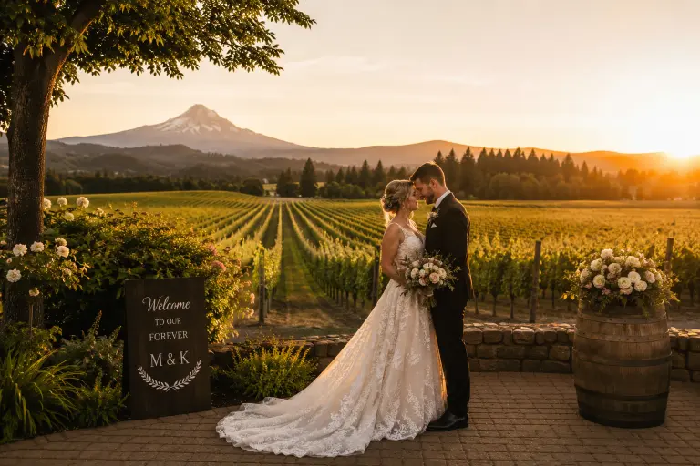 Outdoor Oregon wedding venue with vineyard rows and mountain views during golden hour filmed by Portland Event Films