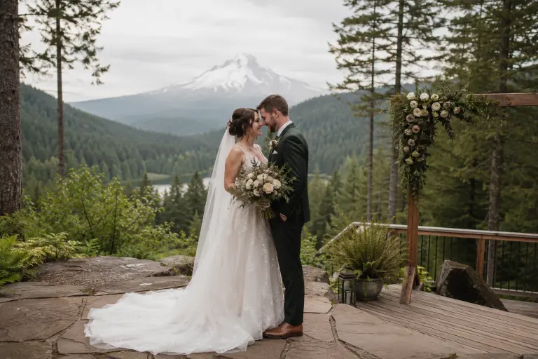 Bride and groom standing at outdoor Pacific Northwest wedding venue with forest and mountain backdrop
