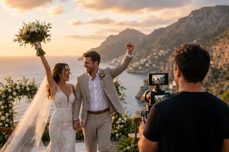 Couple celebrating their destination wedding at a scenic outdoor location filmed by Portland Event Films