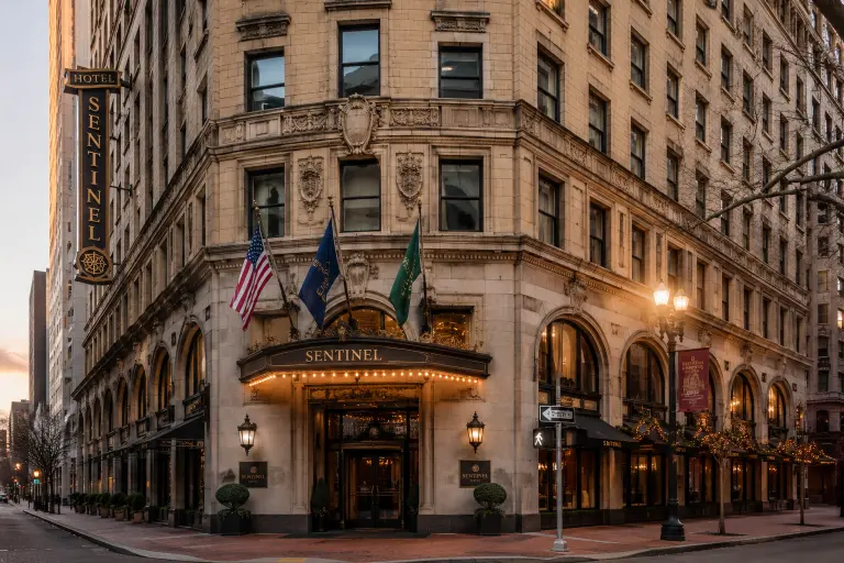 Historic Sentinel Hotel facade in downtown Portland with classic architectural detail