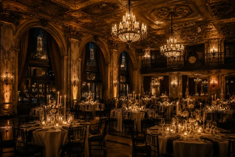 Wedding reception inside the Sentinel Hotel with ambient candlelight and ornate historic interiors