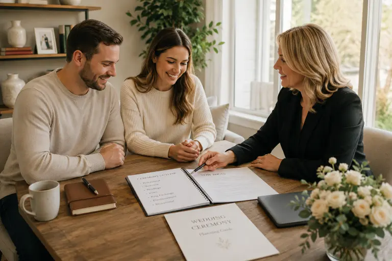 Couple sitting with officiant planning their wedding ceremony details and vow exchange