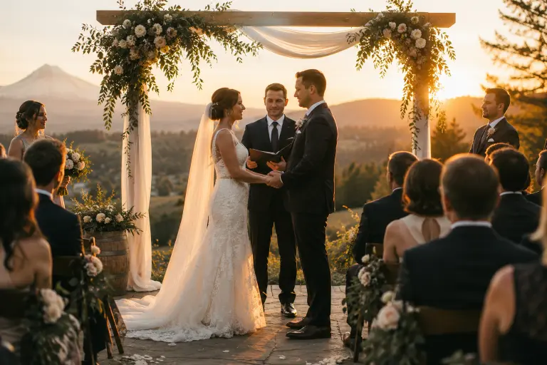 Wedding ceremony at outdoor venue during golden hour with soft natural light filmed by Portland Event Films