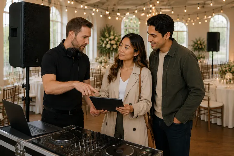 DJ setting up sound system at Portland wedding venue with discussion about decibel limits and speaker placement