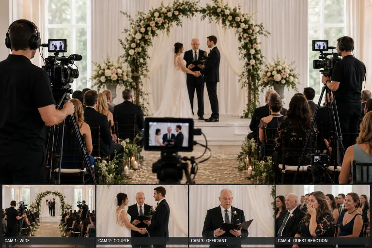 Professional wedding videographer with multi camera setup compared to a single handheld phone content creator approach