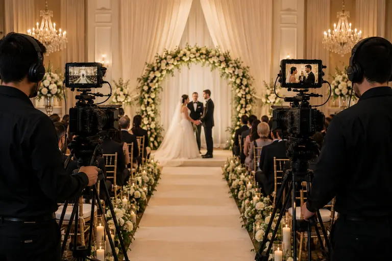 Wedding videographer with two camera setup capturing ceremony from wide and close angles