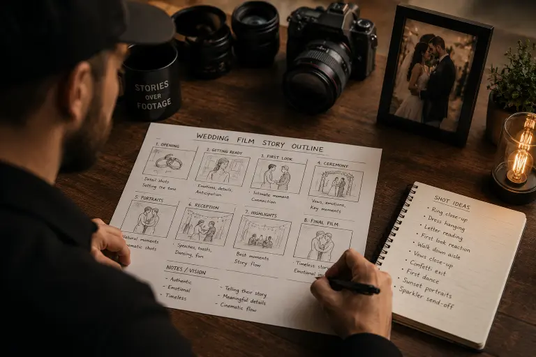 Wedding videographer sketching wedding film story outline before the wedding day