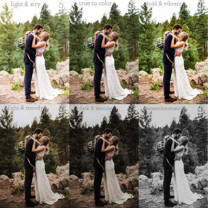 Side-by-side comparison of popular wedding videography styles featuring a couple embracing outdoors. The image showcases different wedding videography styles including light and airy, true to color, bold and vibrant, light and moody, dark and moody, and monochromatic, helping couples choose the best wedding videography style for their wedding vision, venue, and personality.