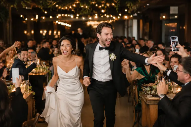 Bride and groom walking hand-in-hand through a warmly lit wedding reception aisle while guests cheer and record the moment on phones.