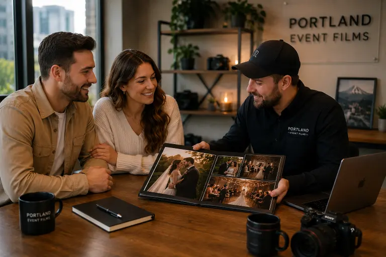 Wedding videographer showing engaged couple portfolio of past wedding films during consultation