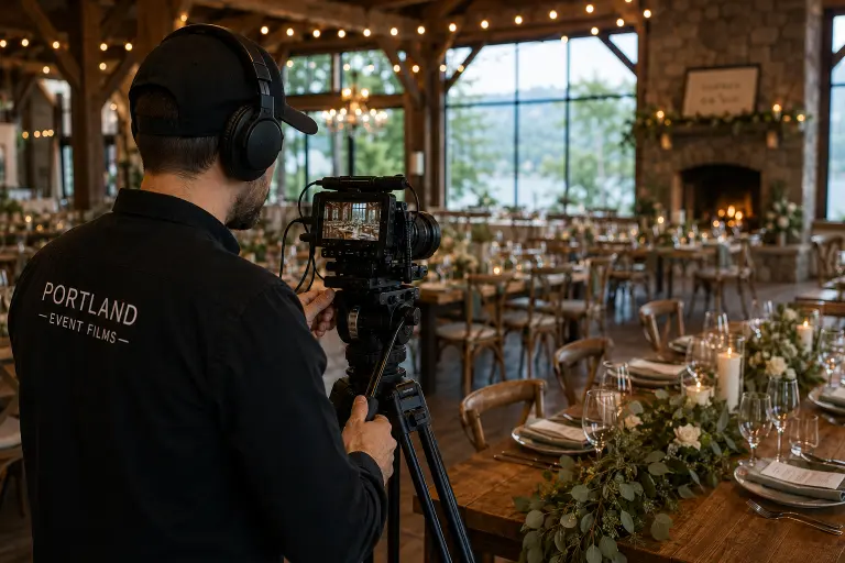 Wedding videographer filming reception details and tablescape before guests enter for cocktail hour