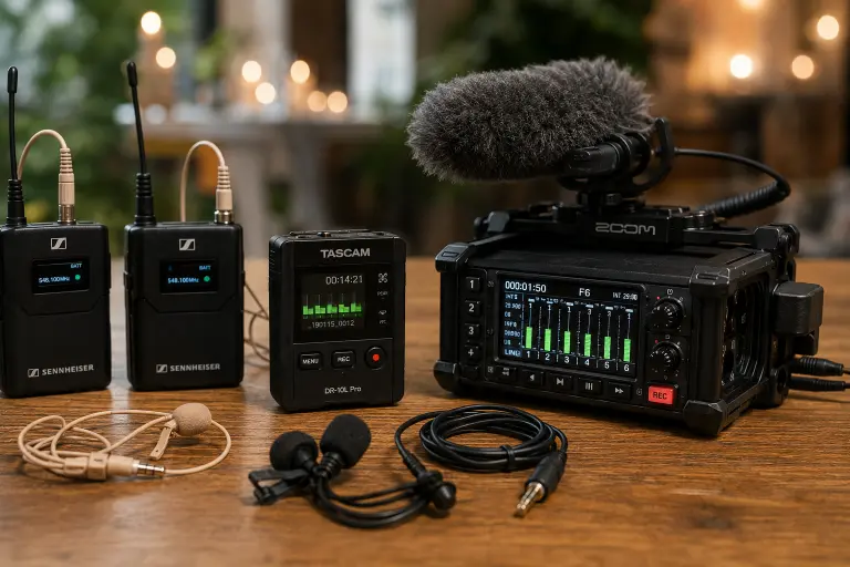 Professional wedding audio gear including wireless lavalier microphones, shotgun mics, and portable recorders used by Portland Event Films