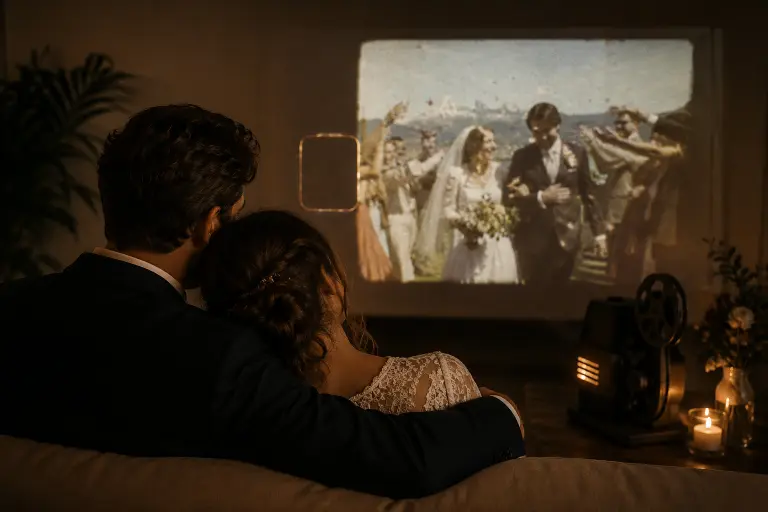 Couple watching their nostalgic Super 8 wedding footage together for the first time after their Portland wedding