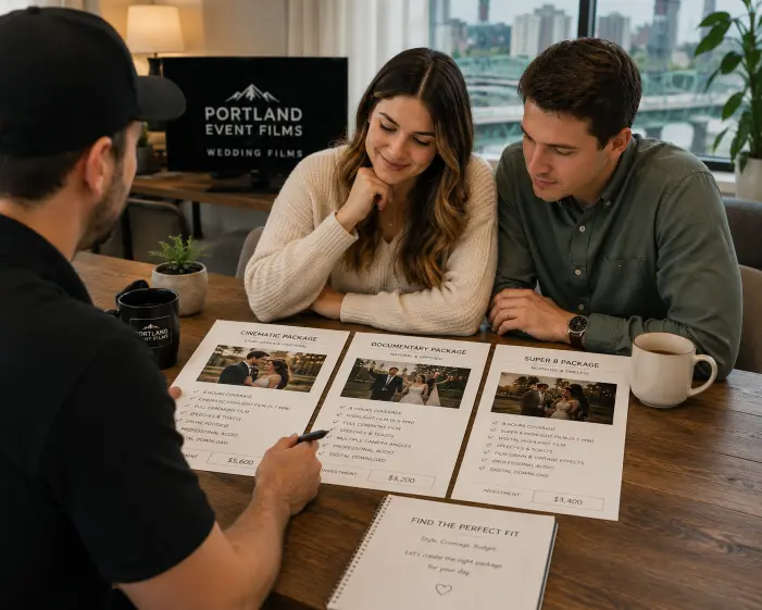 Couple comparing wedding videographer package options across different style and budget combinations