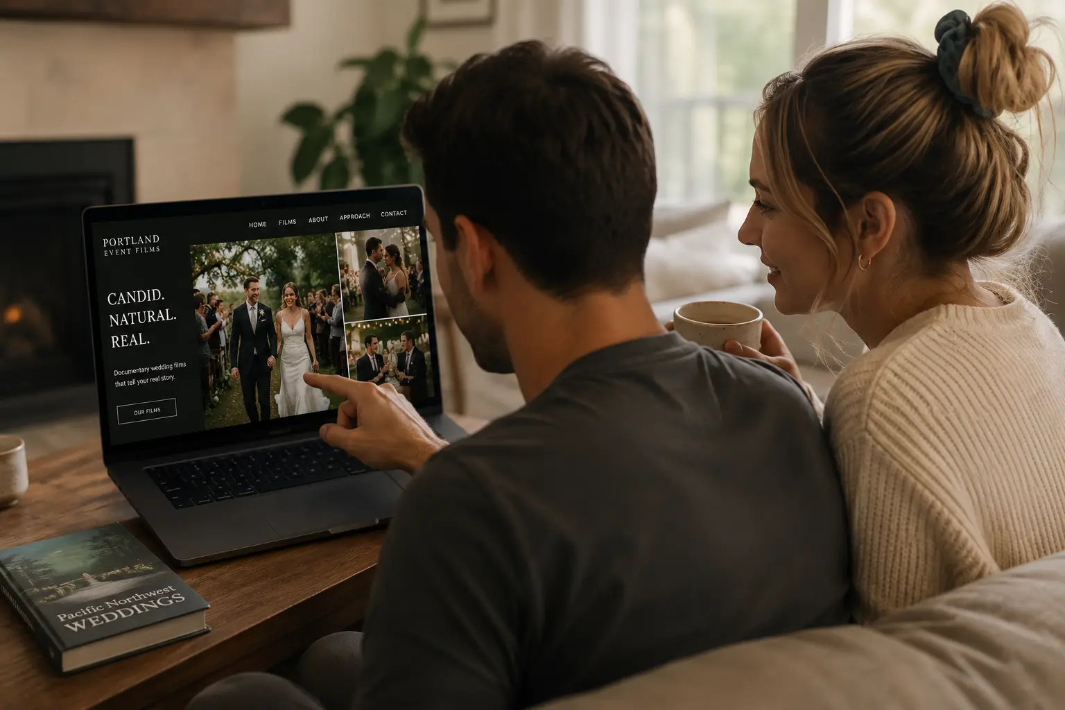 Couple watching wedding videographer portfolio specifically looking for candid unposed moments during search process