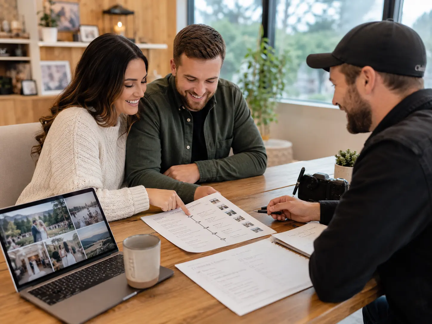 Couple sharing wedding day timeline and key details with their wedding videographer during planning meeting