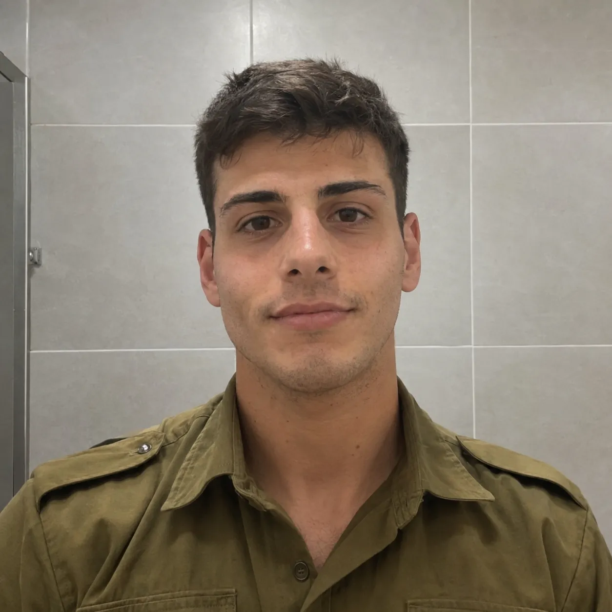 Portrait of a young man with short dark hair and brown eyes wearing an olive green shirt, standing in front of a light gray tiled wall.