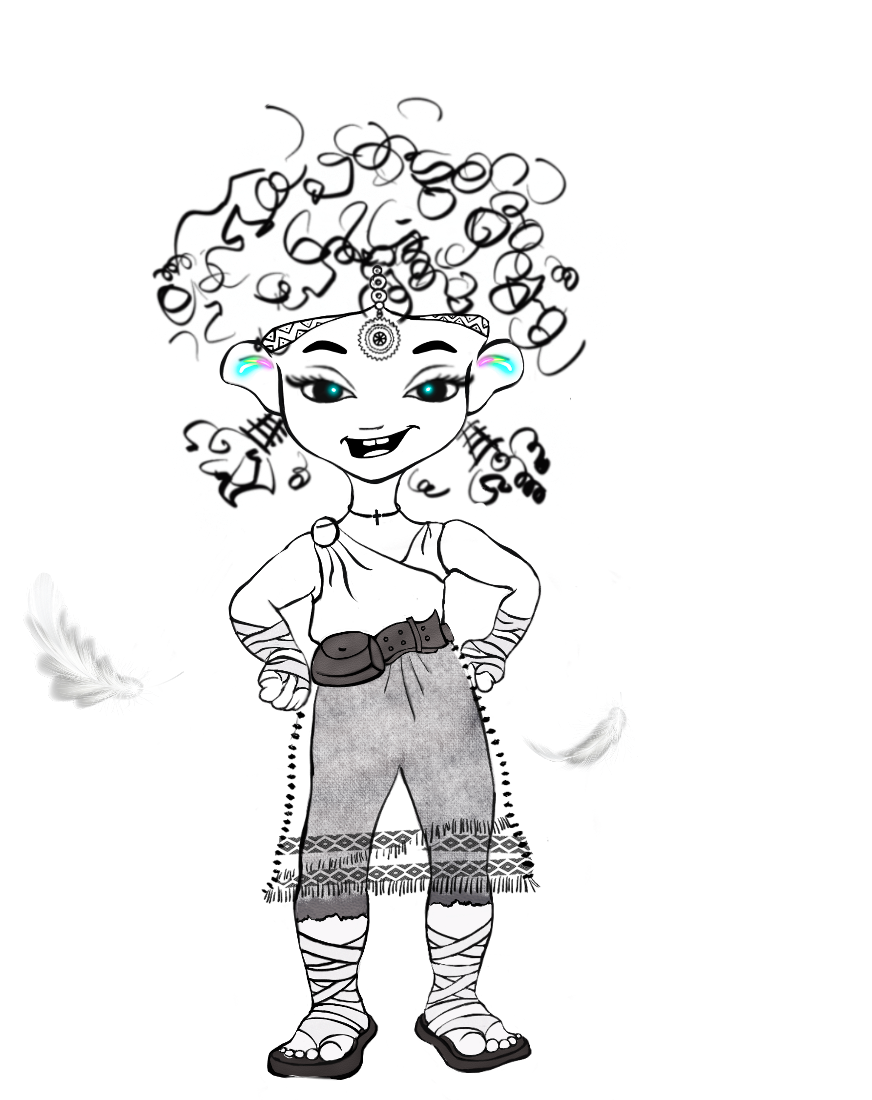 A cute illustration of a smiling ethiopian child with white feathers swirling around her.