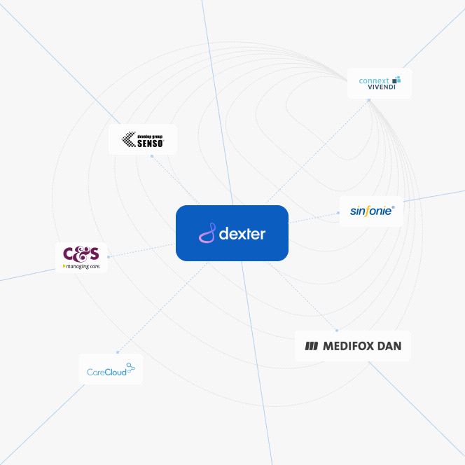 Eine Illustration von dexter, das Daten von Datenpartnern und Gesundheitsdienstleistern empfängt und an diese sendet.