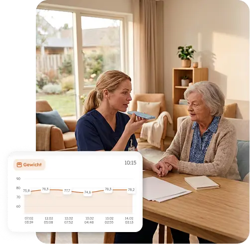 Eine Pflegekraft im Gespräch mit einem Bewohner, die die dexter-App zur Aufzeichnung des Gesprächs nutzt.