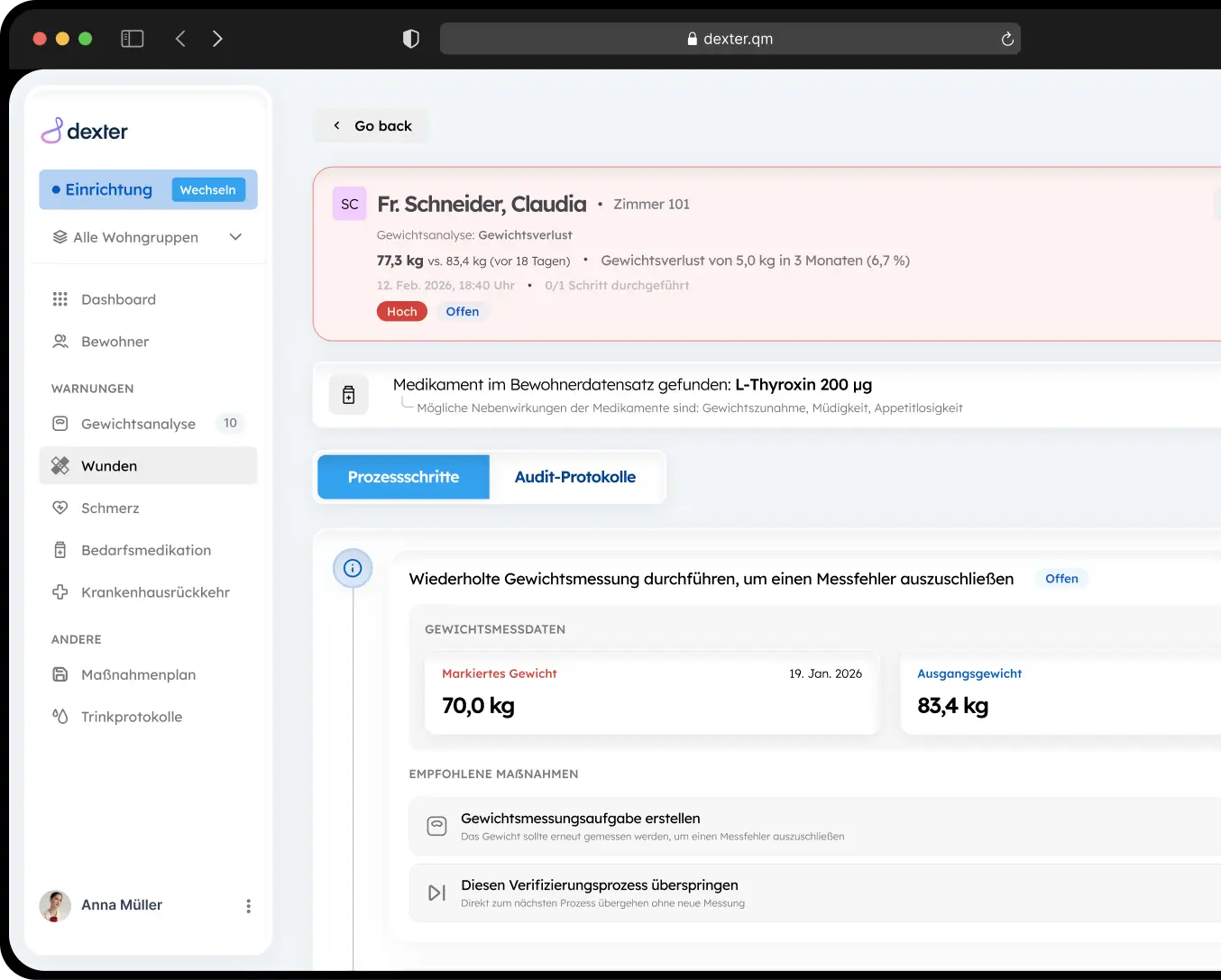 Ein Mockup von dexter.qm, das die Gewichtsanalyse eines Bewohners zur Prüfung und Einleitung entsprechender Maßnahmen zeigt.