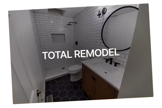 Full bathroom remodel — white subway walls, hex floor, black fixtures