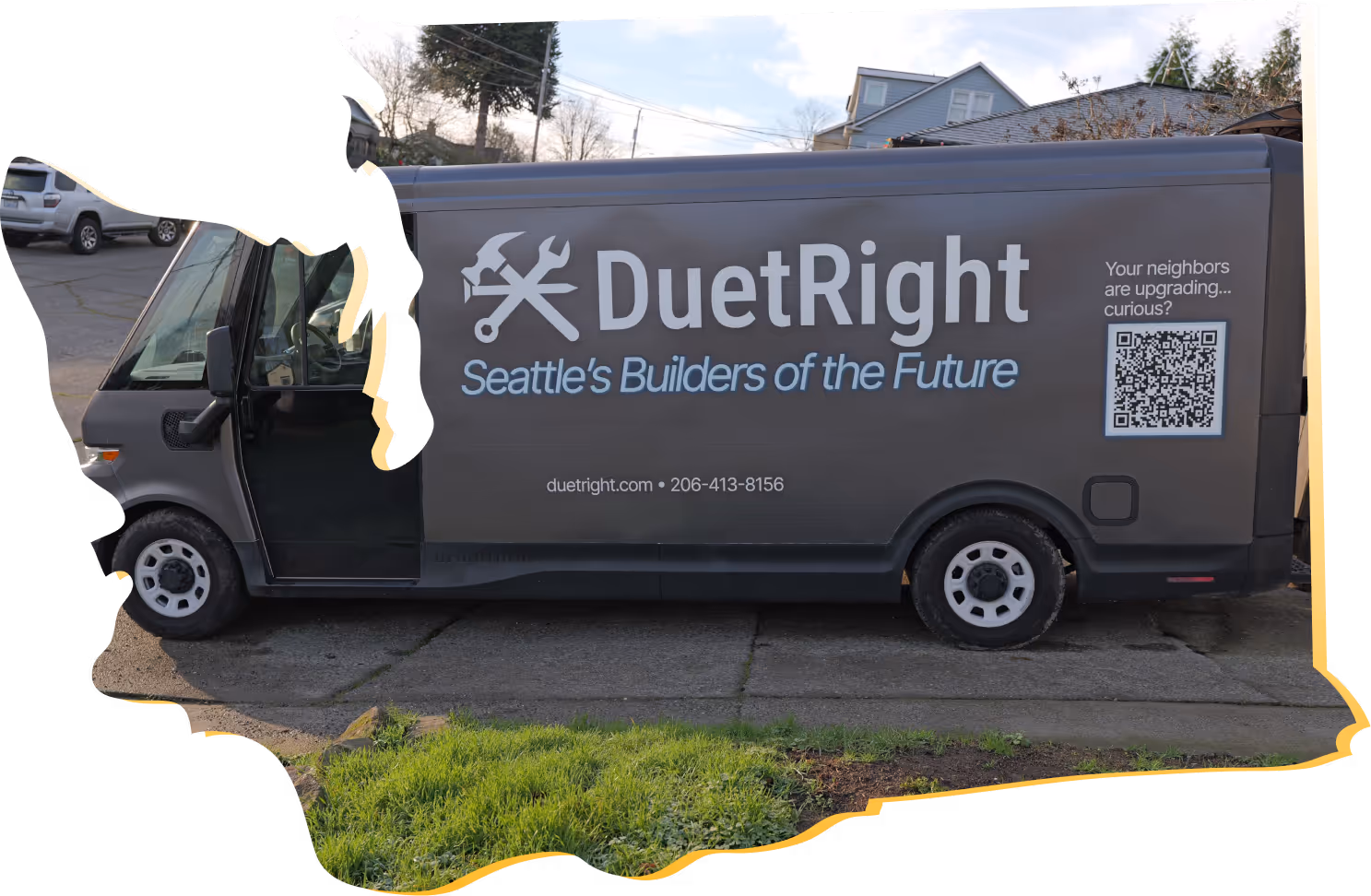 DuetRight branded contractor van with company logo and services listed, featuring a Washington State outline design