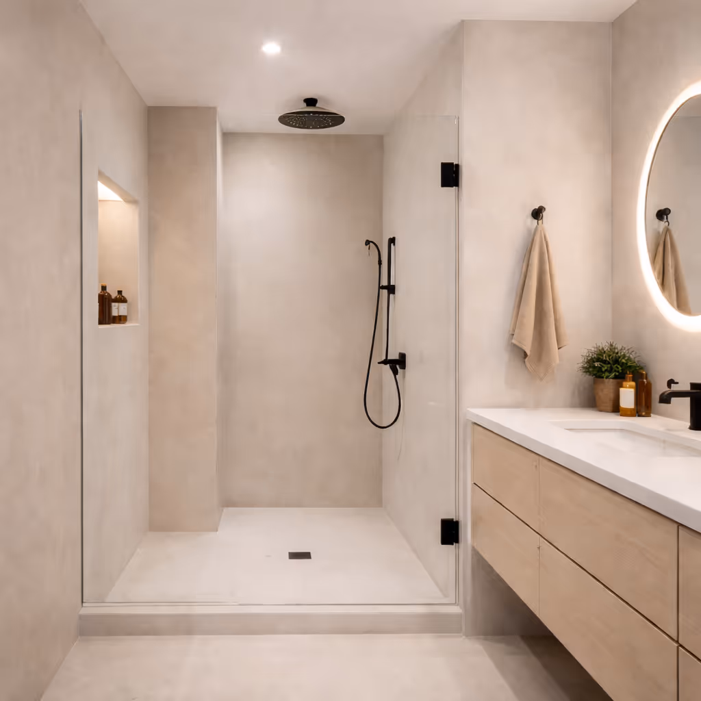 Minimalist bathroom with a walk-in glass shower featuring black fixtures, beige walls, a vanity with wooden drawers, and a round backlit mirror.
