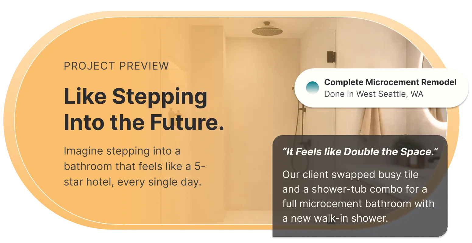 Modern bathroom remodeled with microcement featuring a walk-in shower and minimalist design, evoking a 5-star hotel experience.