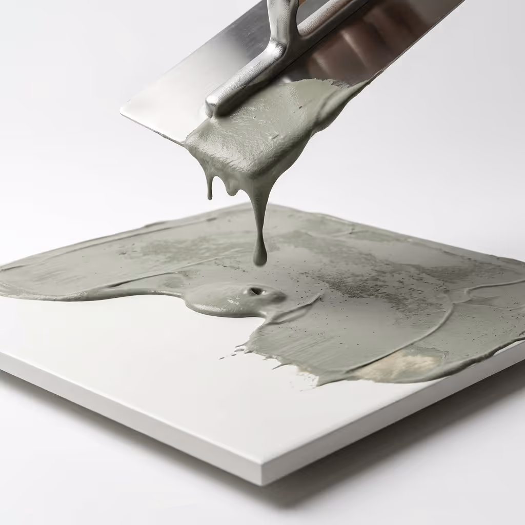 A metal trowel spreading wet gray cement on a white tile surface.