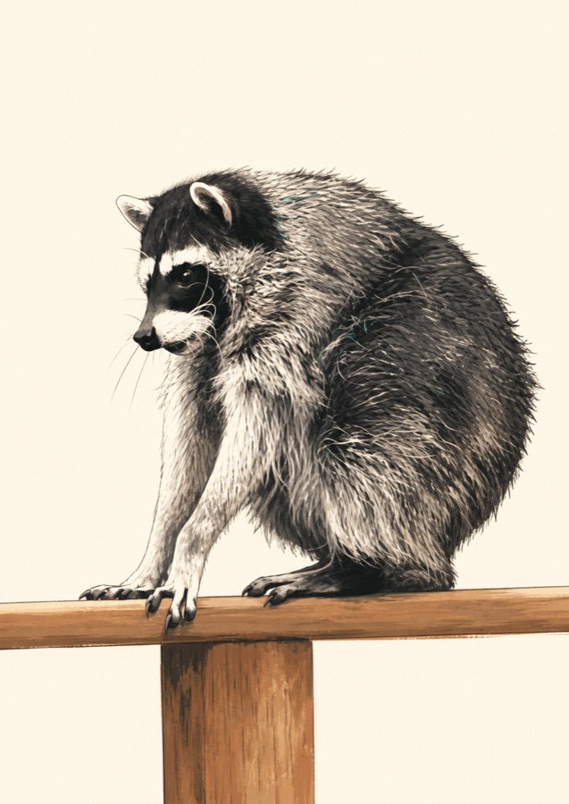 Editorial ink illustration of Jimothy the raccoon perched on a wooden fence rail