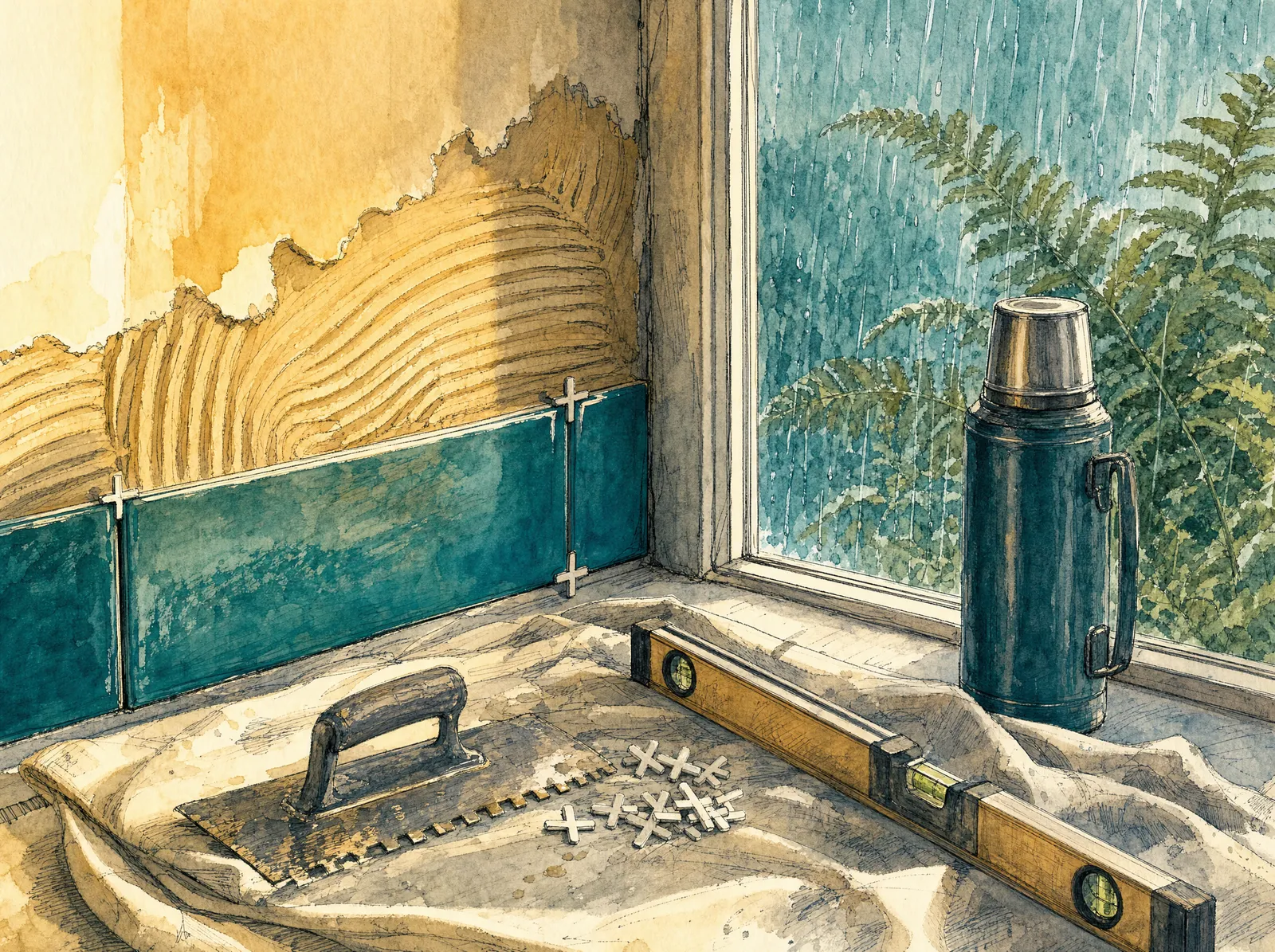 Watercolor of a tile job in progress: new tile on a shower wall, a trowel, spacers and a level on a drop cloth, rain on the window