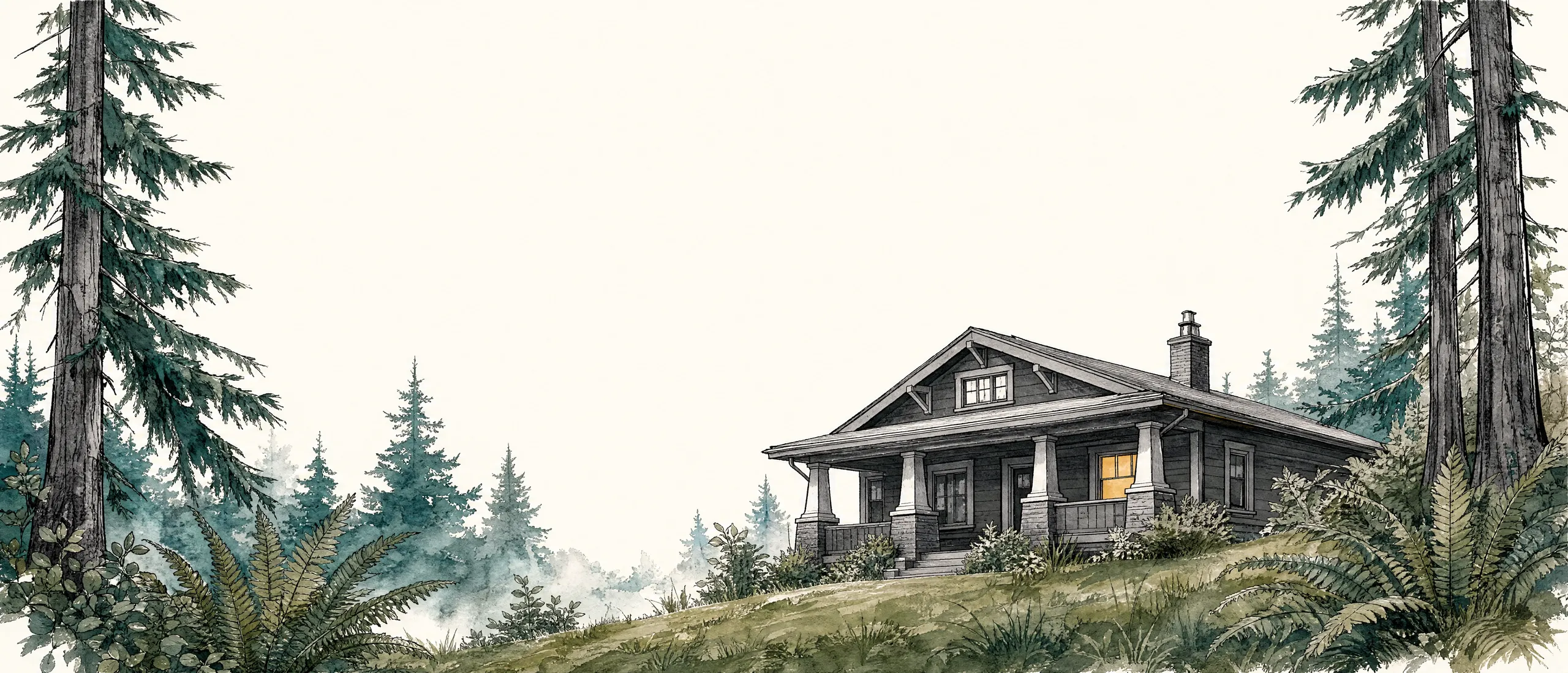 Watercolor of a Seattle craftsman home among tall firs, with Mount Rainier and a ferry on Puget Sound behind it