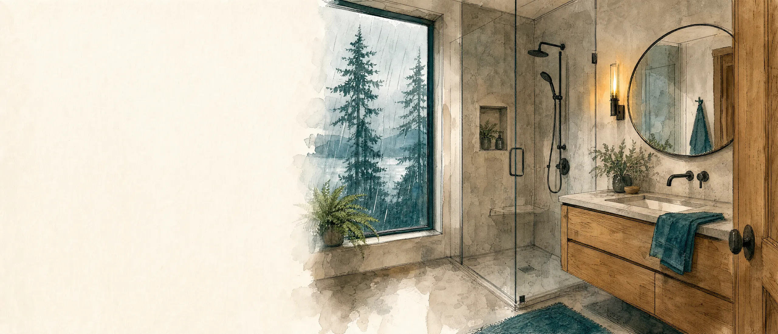 Watercolor of a renovated Seattle bathroom: frameless glass shower, microcement walls, oak vanity, and a window onto rainy fir trees