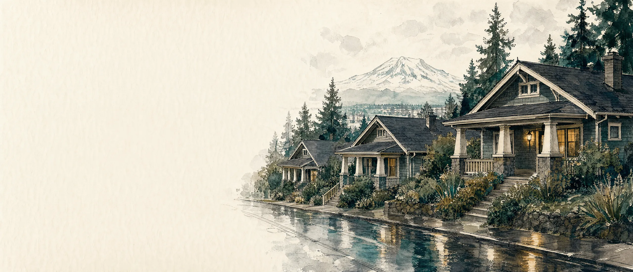Watercolor of a West Seattle street of craftsman bungalows after rain, with Mount Rainier in the distance