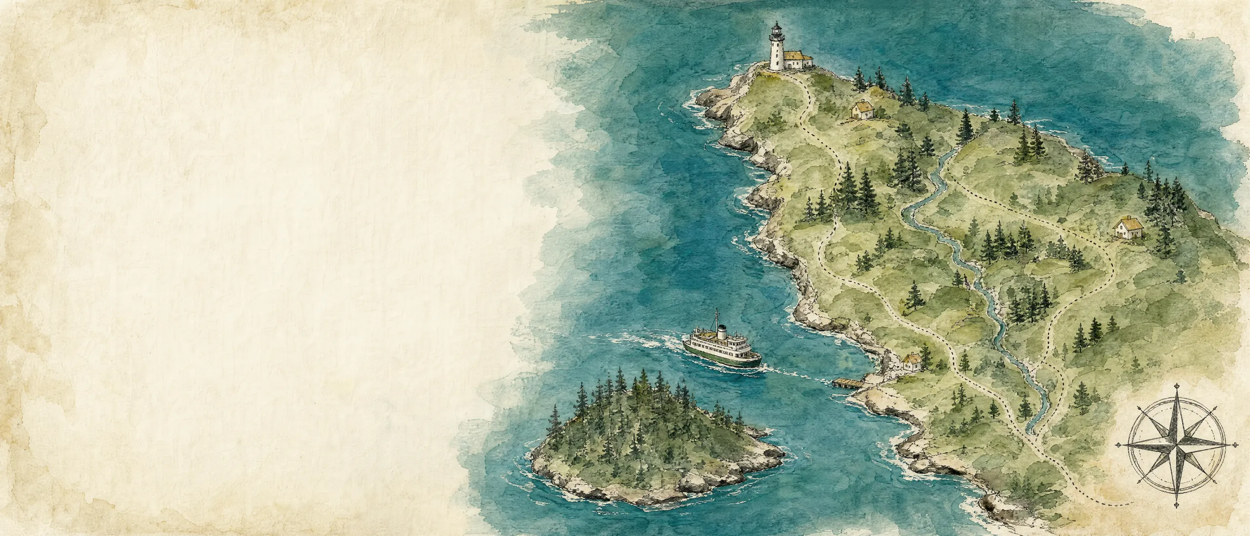 Hand-painted watercolor map of a Puget Sound peninsula with a lighthouse, a ferry route, a stream and small houses among firs