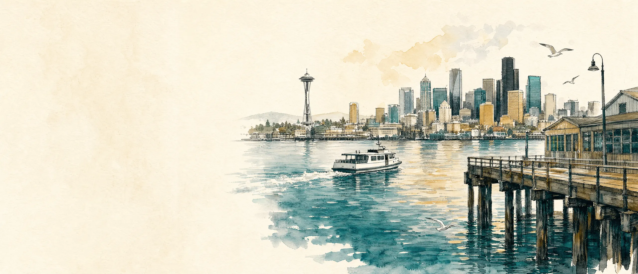 Watercolor of a small water taxi crossing Elliott Bay toward the Seattle skyline and Space Needle, seen from a West Seattle pier
