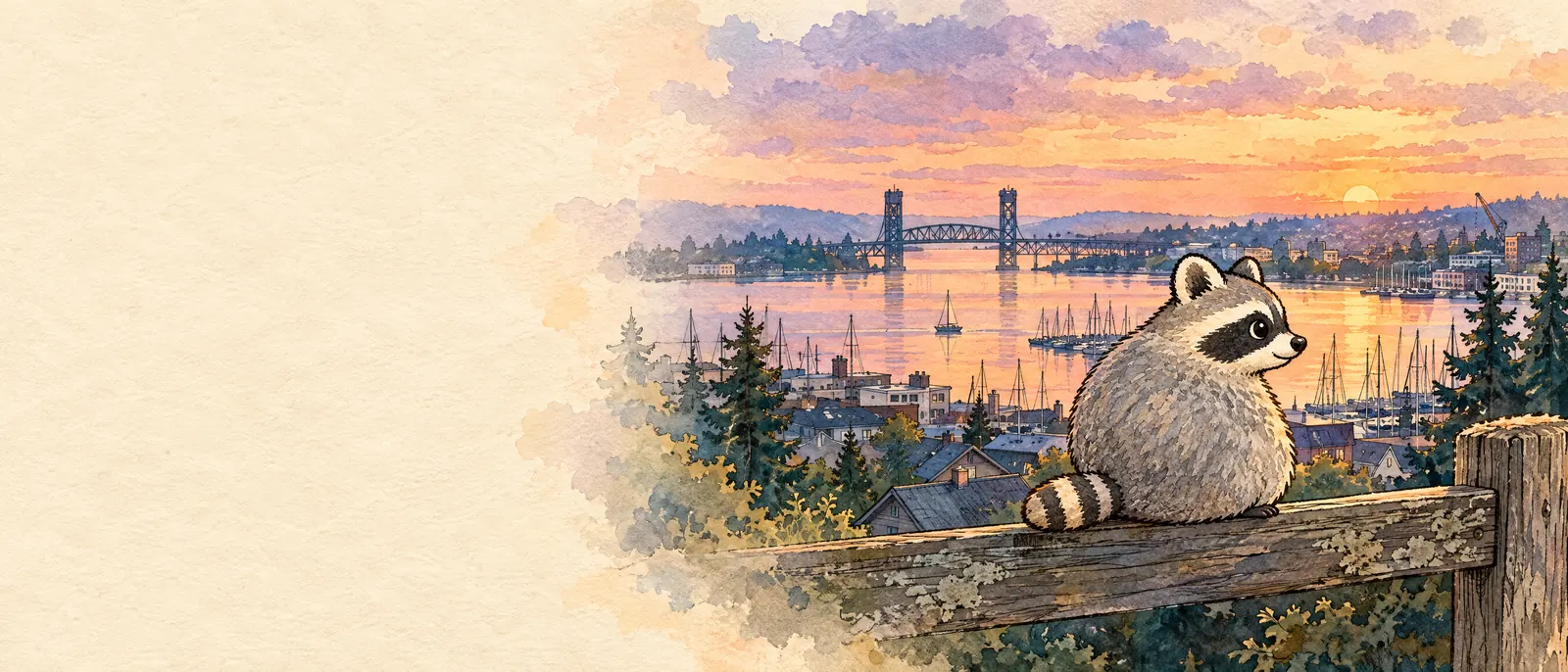 Watercolor painting of Jimothy, a round gray raccoon, sitting on a weathered fence rail above Ballard's marina and drawbridge at sunset