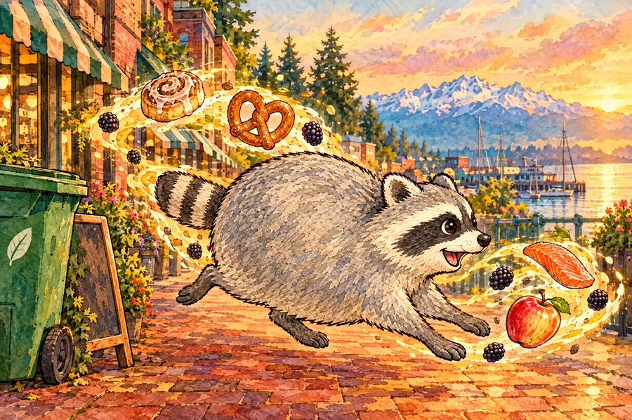 Watercolor of Jimothy mid-sprint down a Ballard sidewalk, swirling with a cinnamon roll, pretzel, salmon, blackberries and an apple