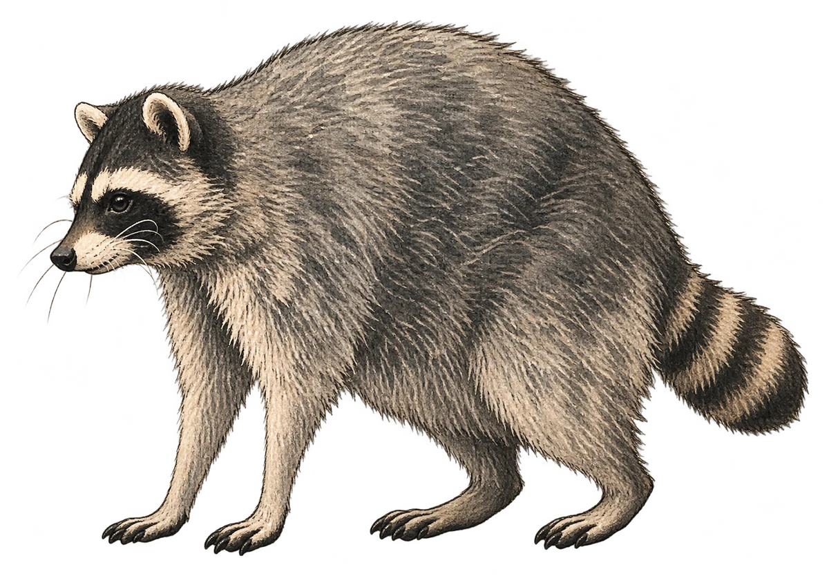 Field-guide illustration of Jimothy in profile: a round raccoon with a tiny masked head, long thin legs and a short ringed tail
