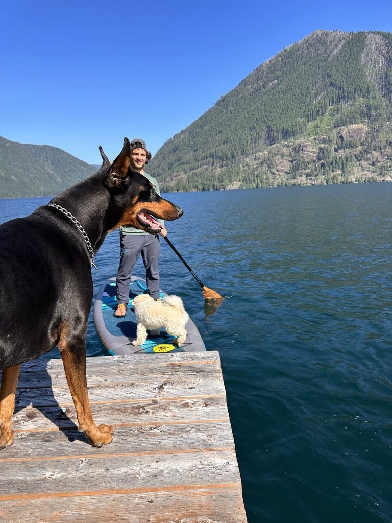 Dante riding a paddleboard on a mountain lake with Angelo, while Chopper watches from the dock