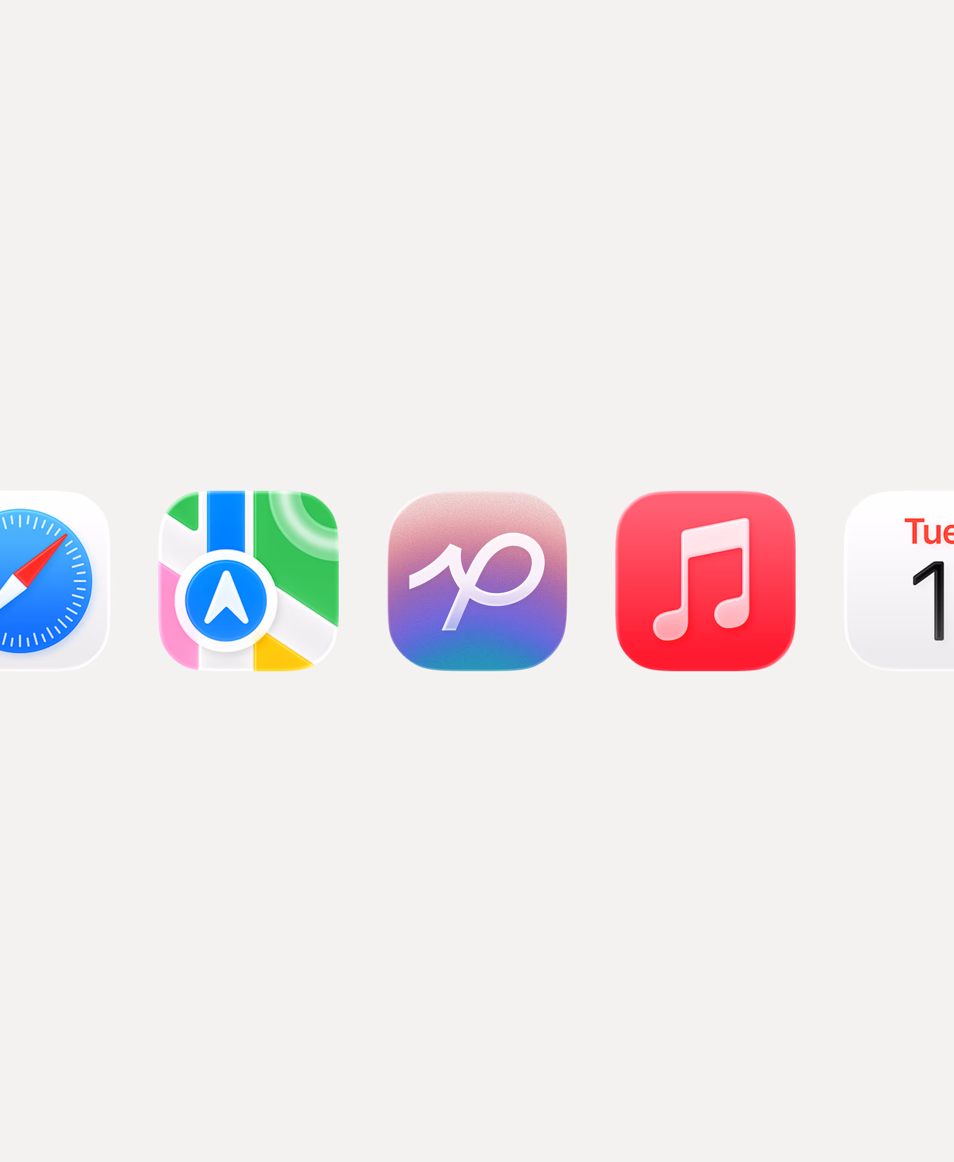Four app icons in a horizontal row featuring a colorful gradient icon with a white curved line, Safari browser compass icon, green message bubble icon, and red music note icon.