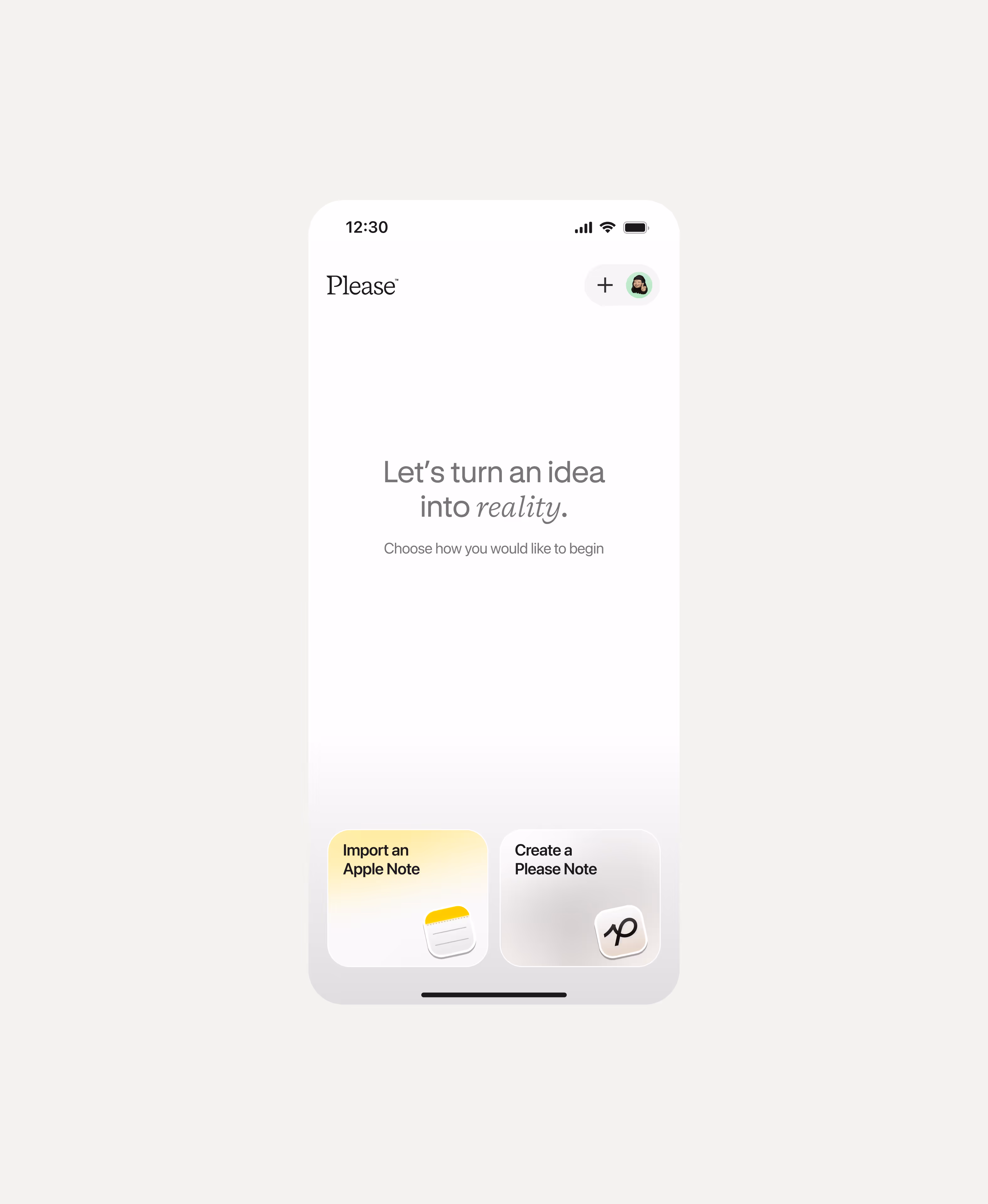 Mobile app screen titled Please with options to import an Apple Note or create a Please Note, displayed on a white background.
