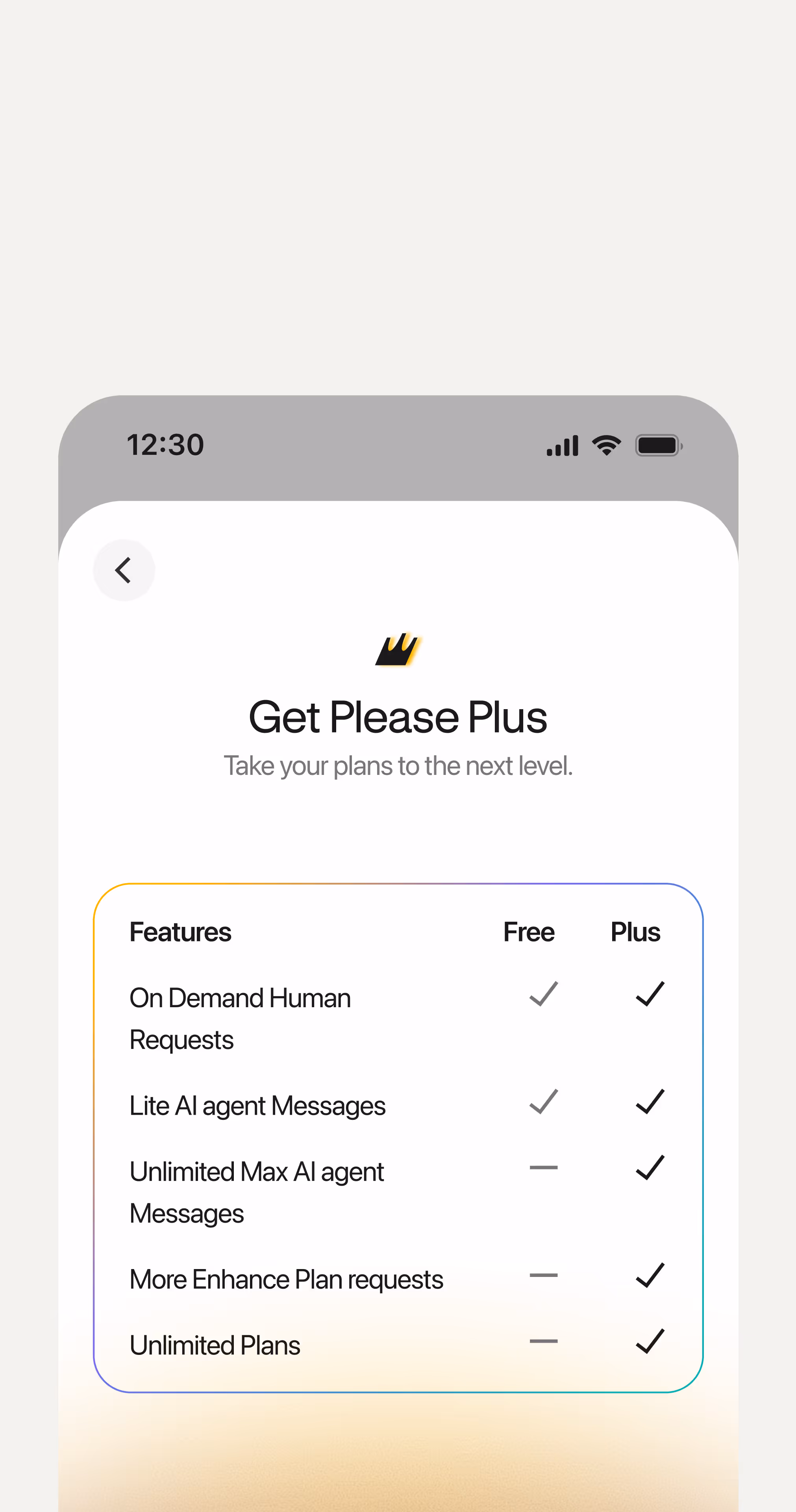 Mobile screen showing Please Plus subscription plan with features comparison between Free and Plus, highlighting unlimited AI messages and plans in Plus.
