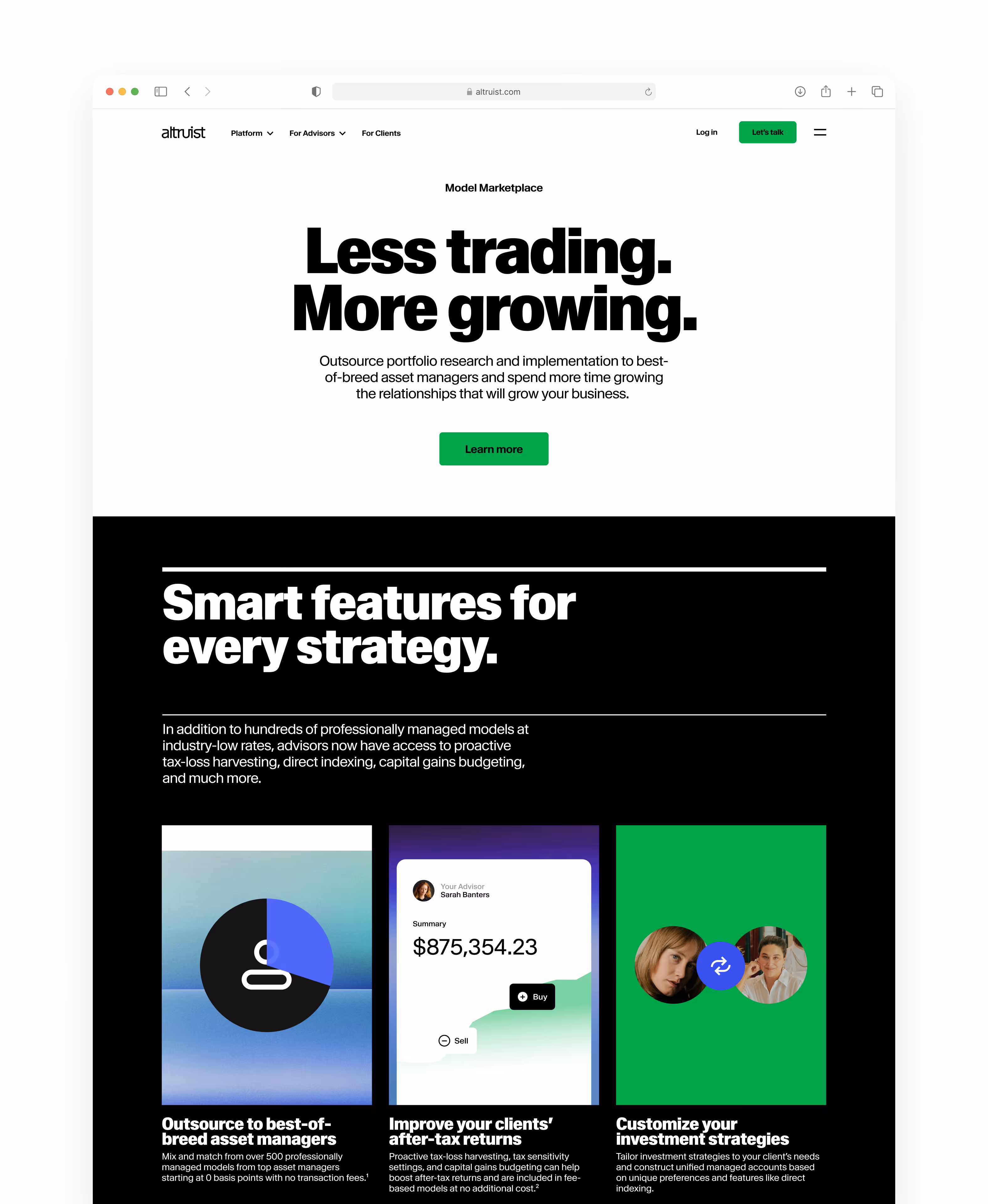 Website landing page with headline 'Less trading. More growing.' promoting outsourced portfolio research, followed by a section titled 'Smart features for every strategy' highlighting asset manager outsourcing, after-tax return improvements, and customizable investment strategies with related images and descriptions.